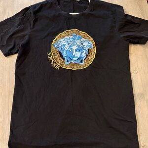 Versace Black T-Shirt with Blue Medusa and Gold Emblem